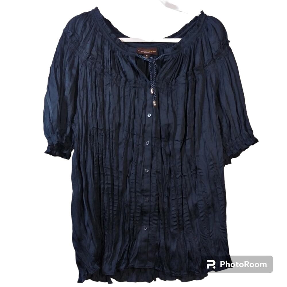 Dana Buchman Navy Blue Crinkle Short Sleeve Button Front Blouse Tie Neck Size 1X